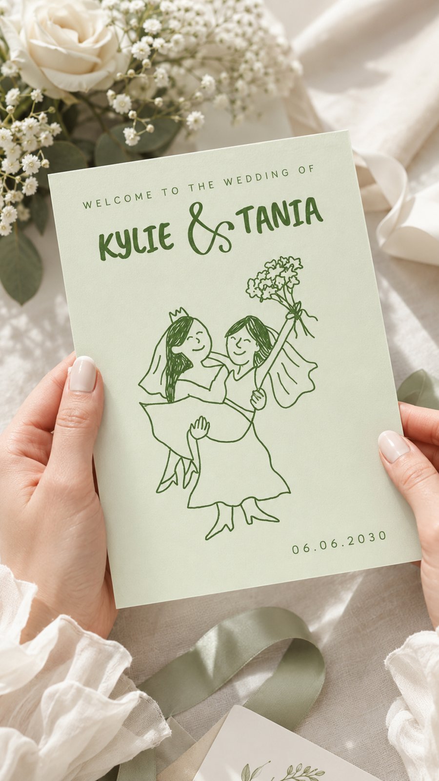 Invitación de boda ilustrada con dos novias para la boda de Kylie y Tania