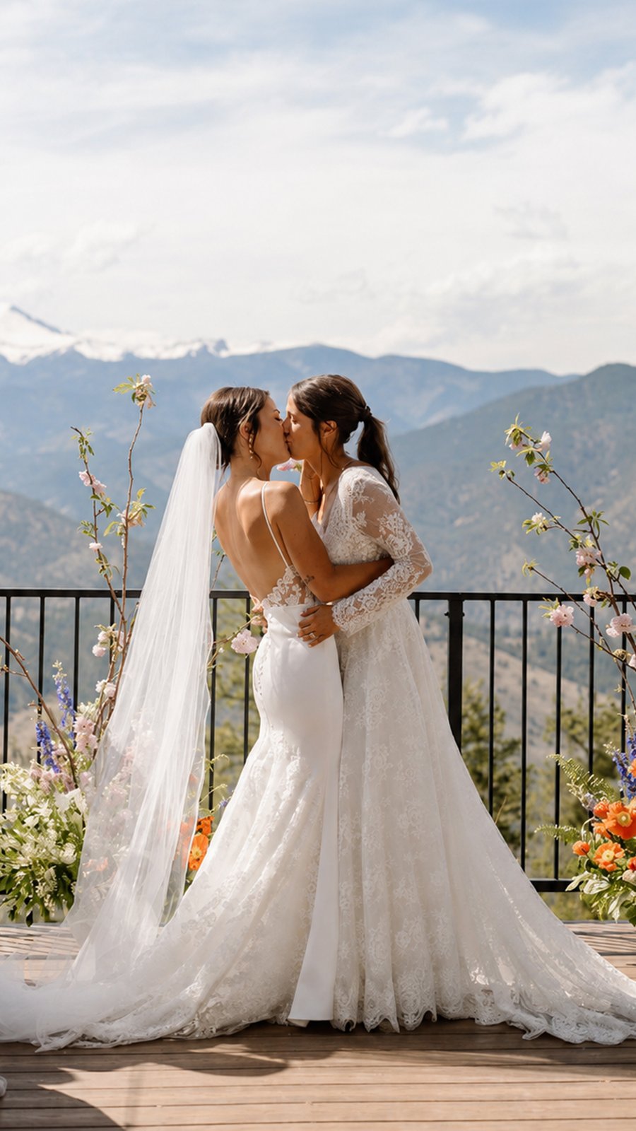 Dos novias con vestidos de encaje se abrazan en una terraza con vista a las montañas