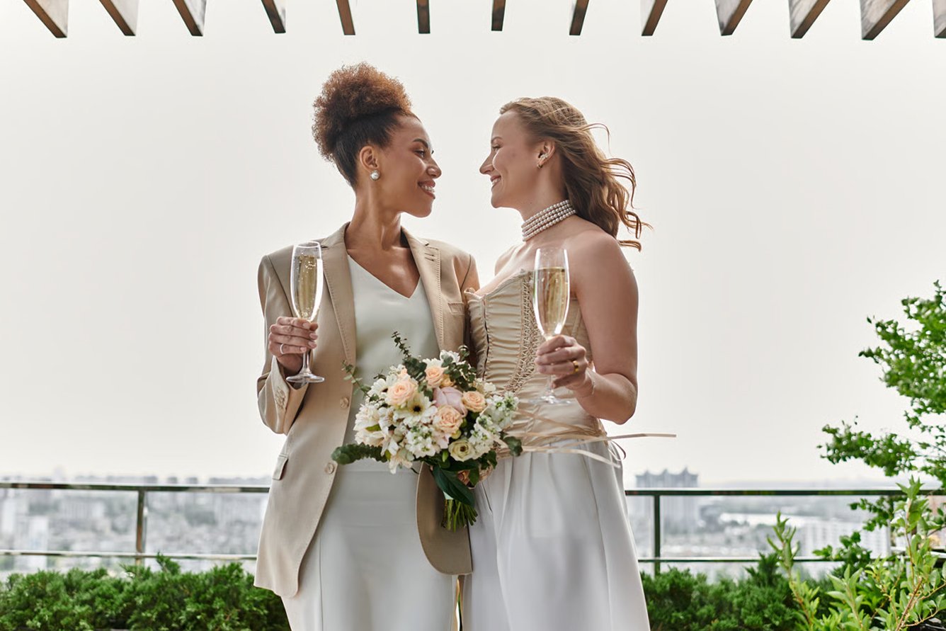 Dos novias brindan con champaña en una terraza con vista a la ciudad