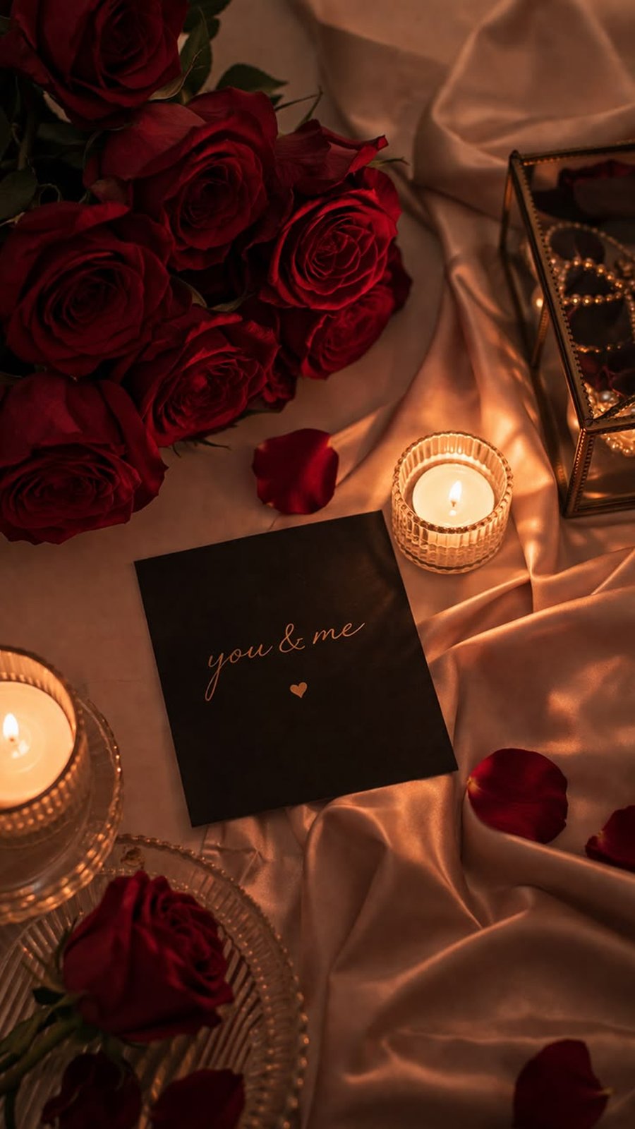 Mesa romántica con rosas rojas, velas y tarjeta you & me sobre tela de satín