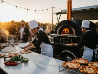 Chefs preparan pizzas en horno de leña al aire libre para los invitados de una boda