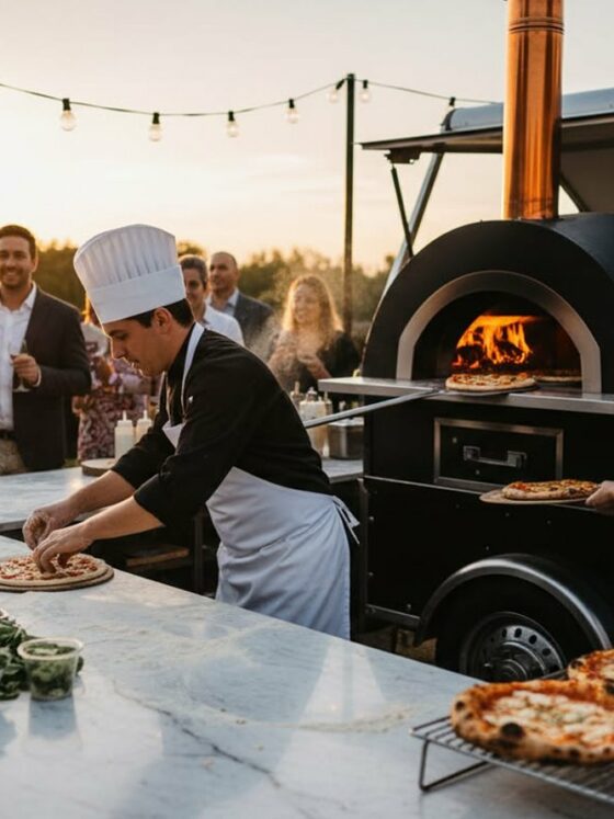 Chefs preparan pizzas en horno de leña al aire libre para los invitados de una boda