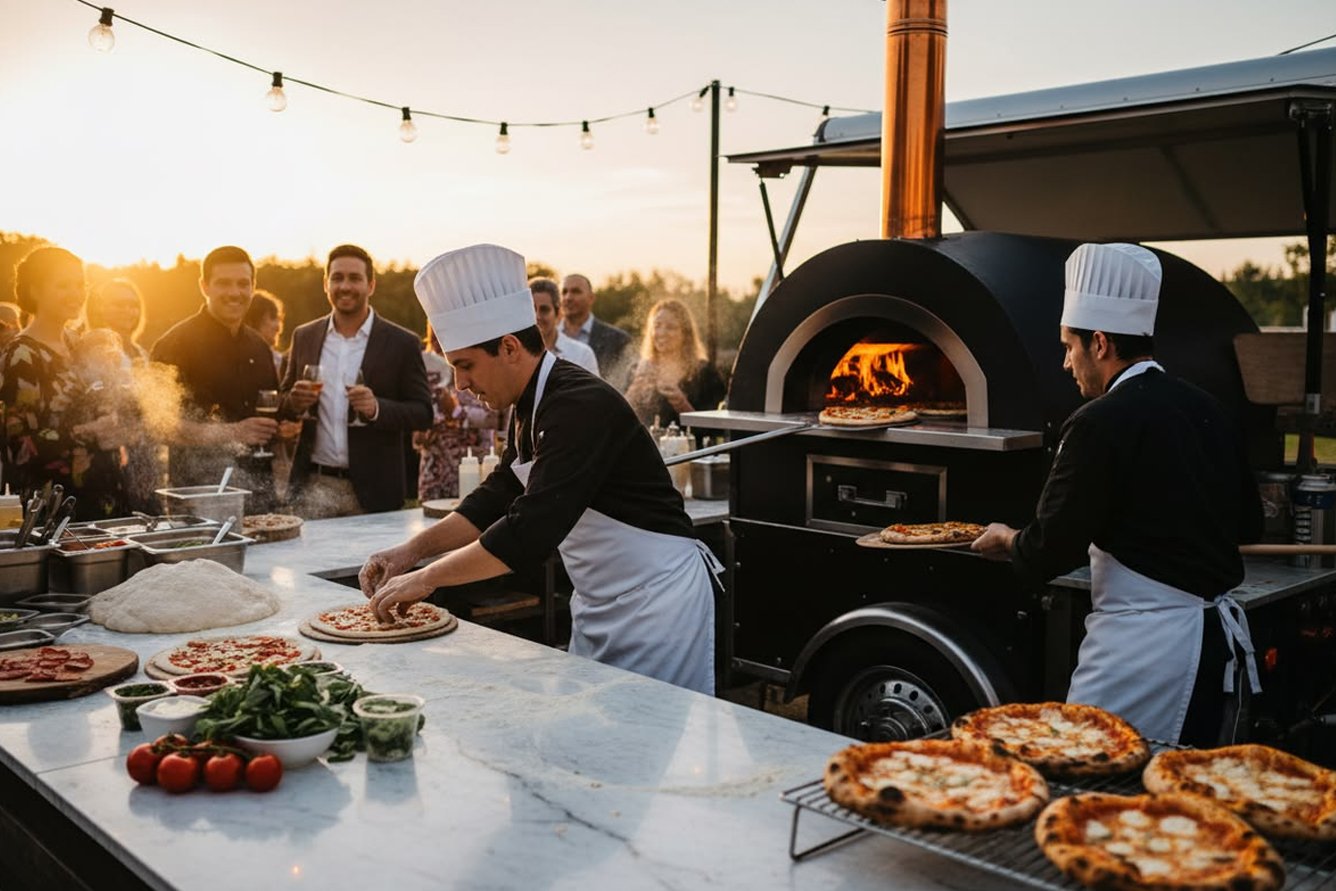 Chefs preparan pizzas en horno de leña al aire libre para los invitados de una boda