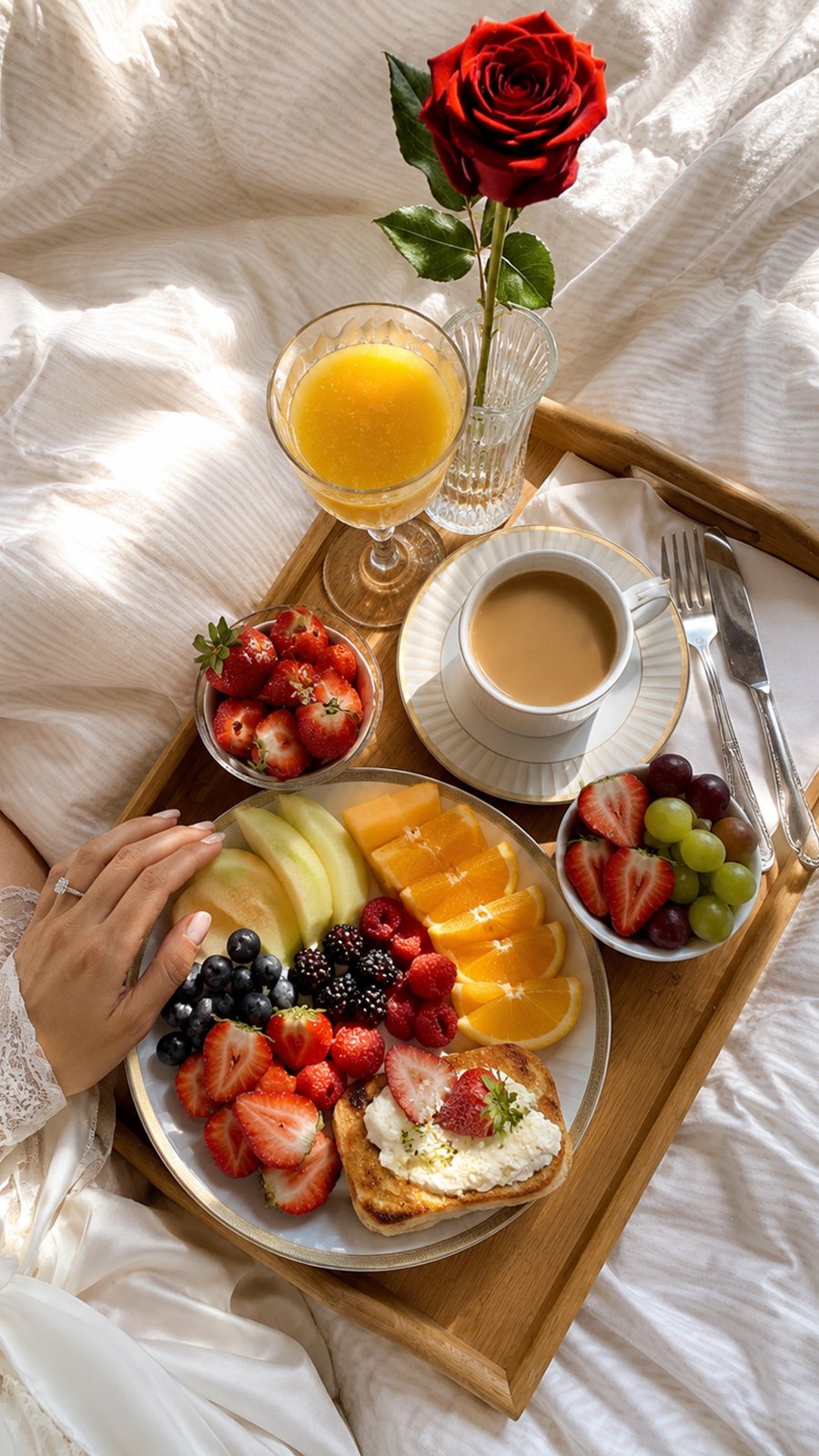 Charola de desayuno en la cama con fruta, café y jugo para la mañana de la boda