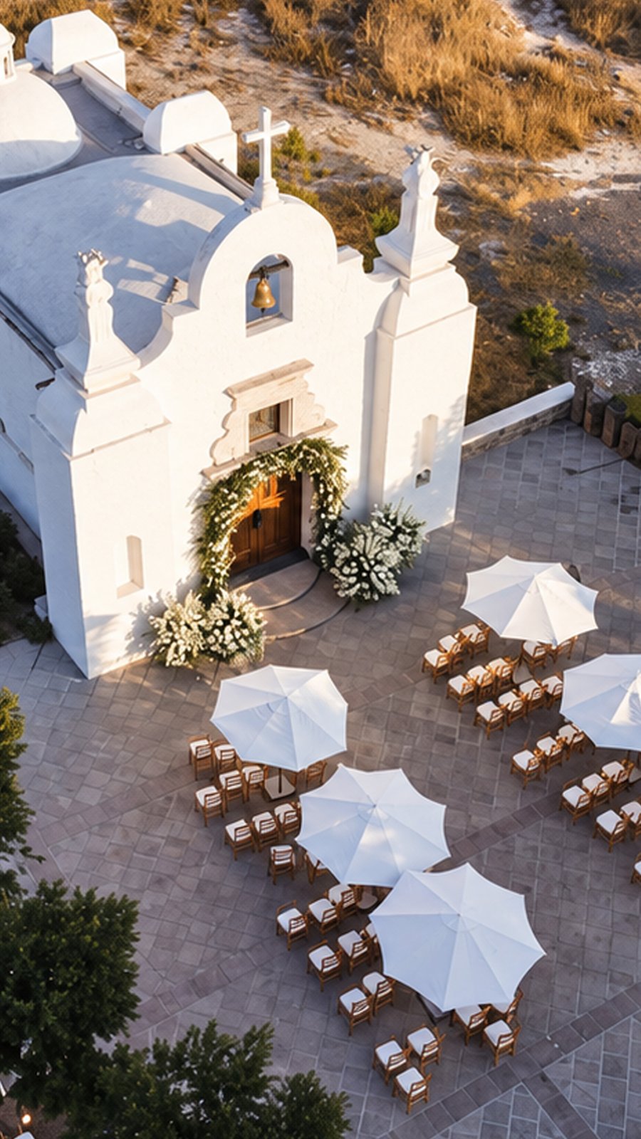 Vista aérea de la capilla blanca de una hacienda con mesas y sombrillas para la recepción