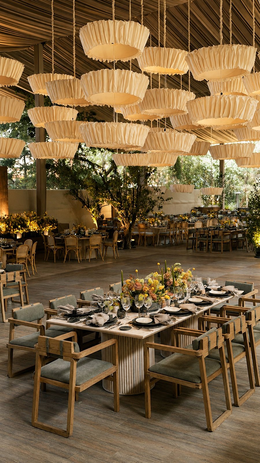 Montaje de banquete con lámparas de papel en un venue con jardín
