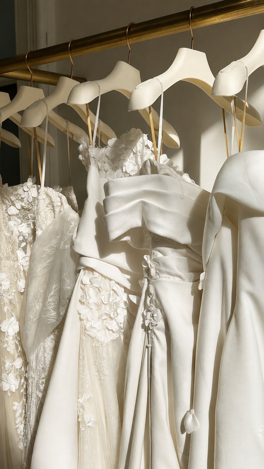 Vestidos de novia colgados en un perchero de boutique