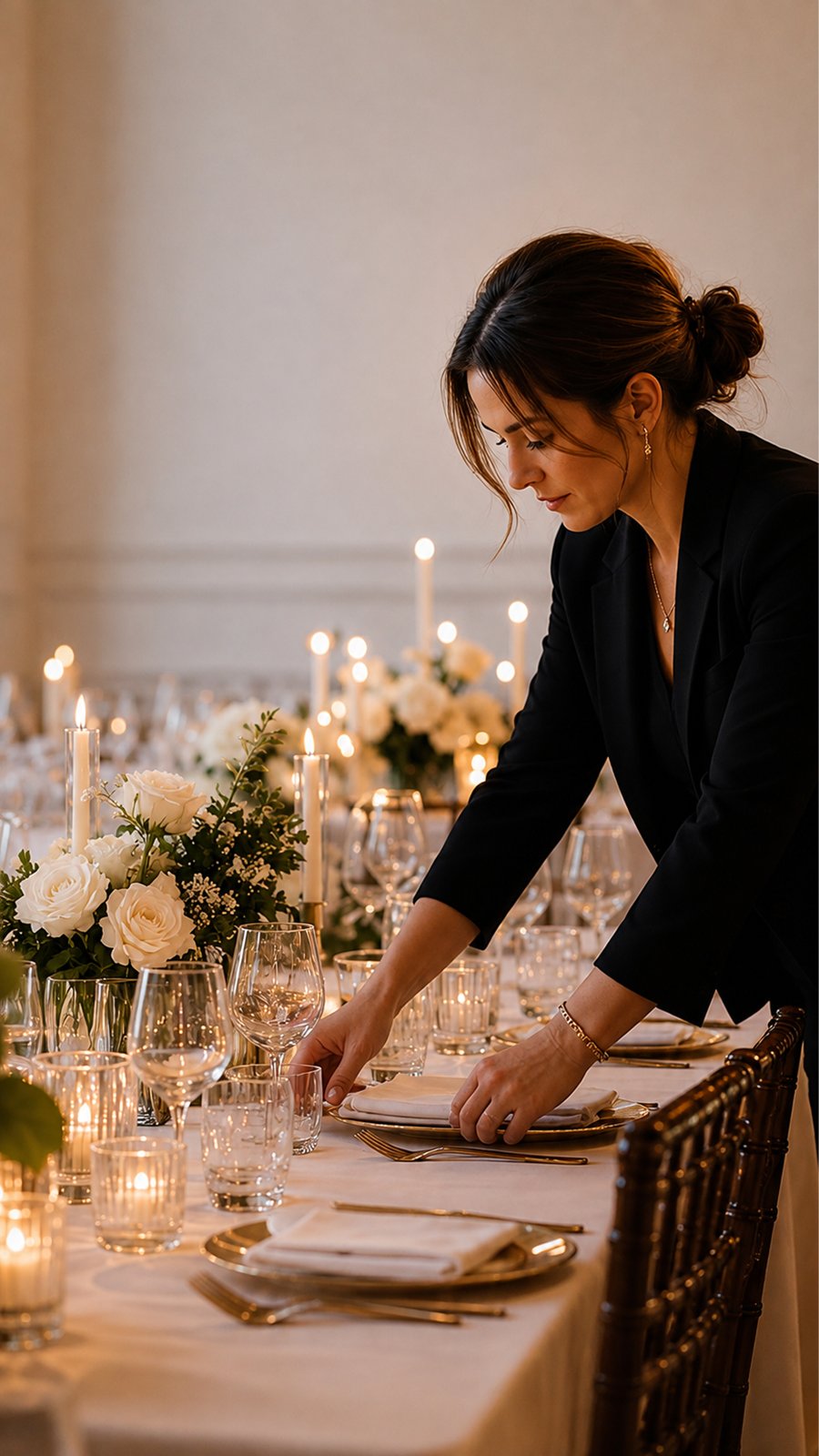 Wedding planner acomoda el montaje de una mesa con velas y flores blancas