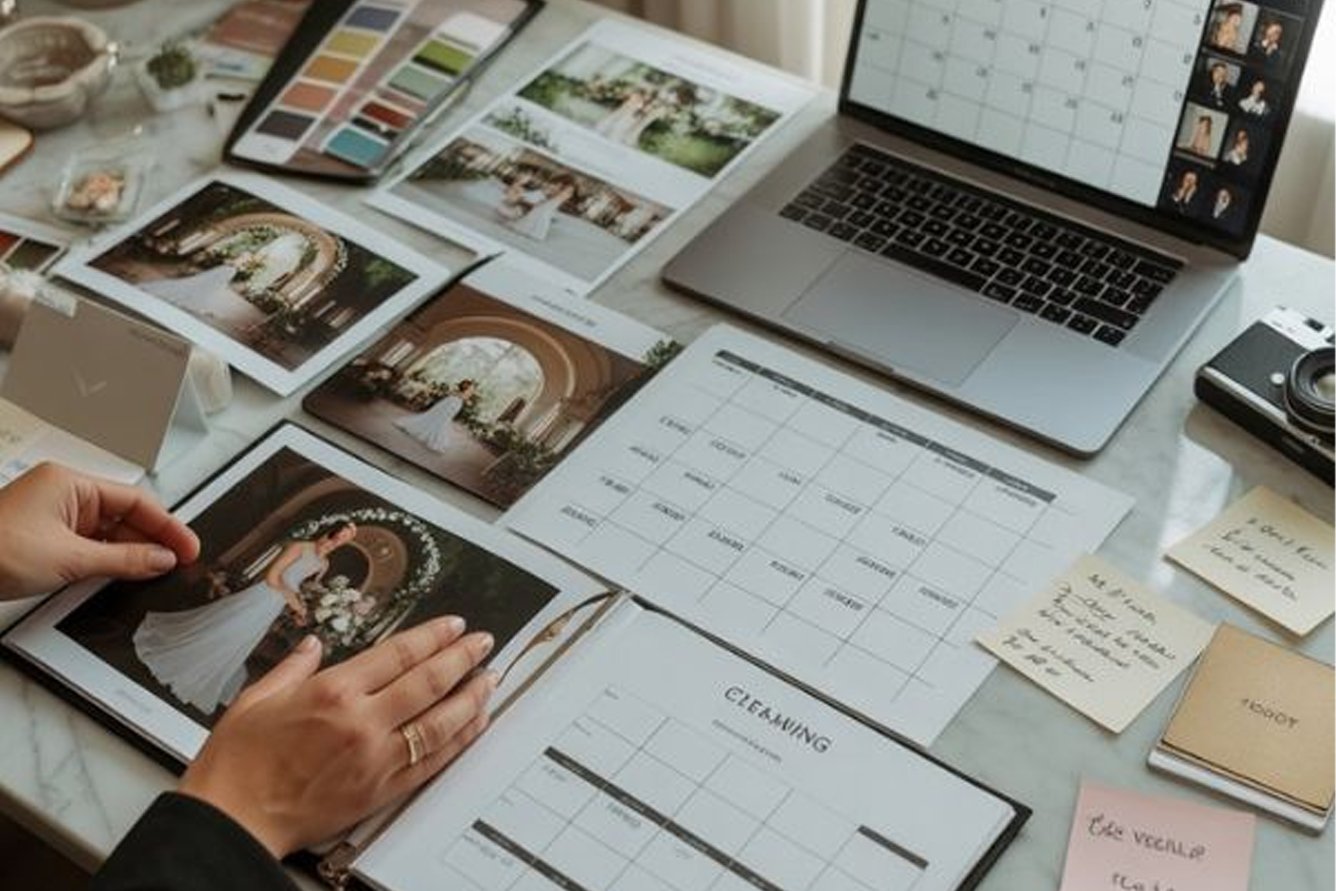 Mesa de planeación de boda con laptop, calendario, paleta de colores y fotos de inspiración