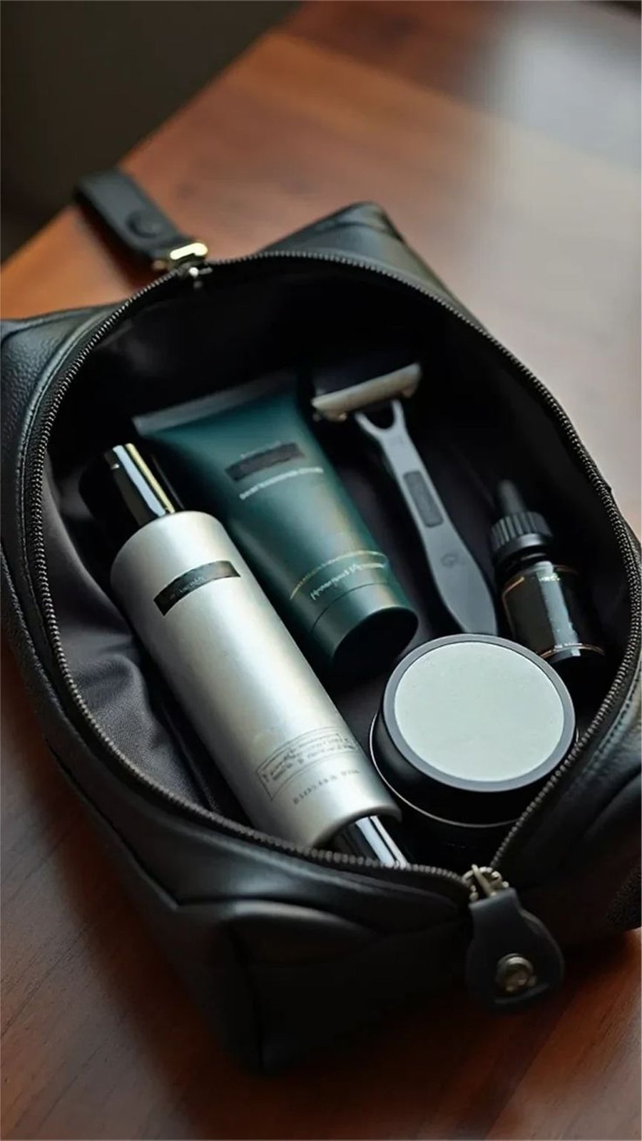 Neceser de piel con productos de cuidado personal y rastrillo para el novio