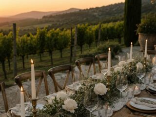 Mesa de banquete con velas y flores blancas frente a un viñedo al atardecer