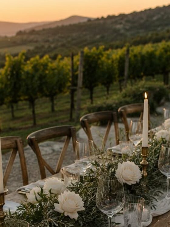Mesa de banquete con velas y flores blancas frente a un viñedo al atardecer