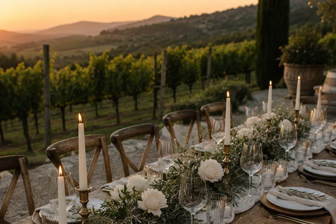 Mesa de banquete con velas y flores blancas frente a un viñedo al atardecer