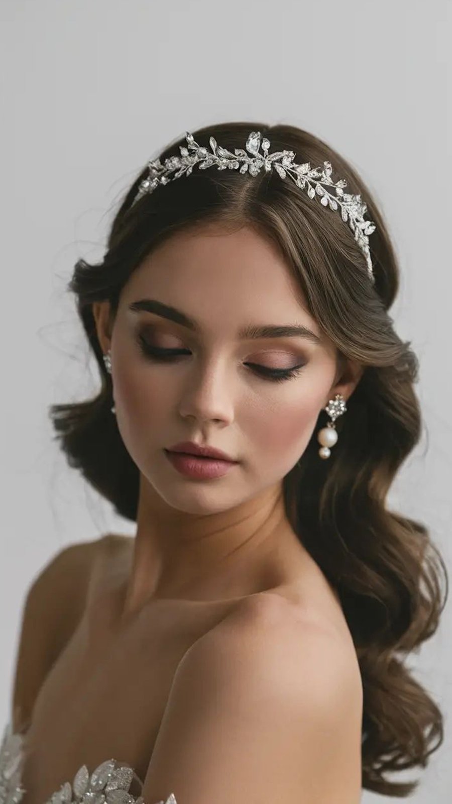 Novia con tiara de cristales y cabello en ondas