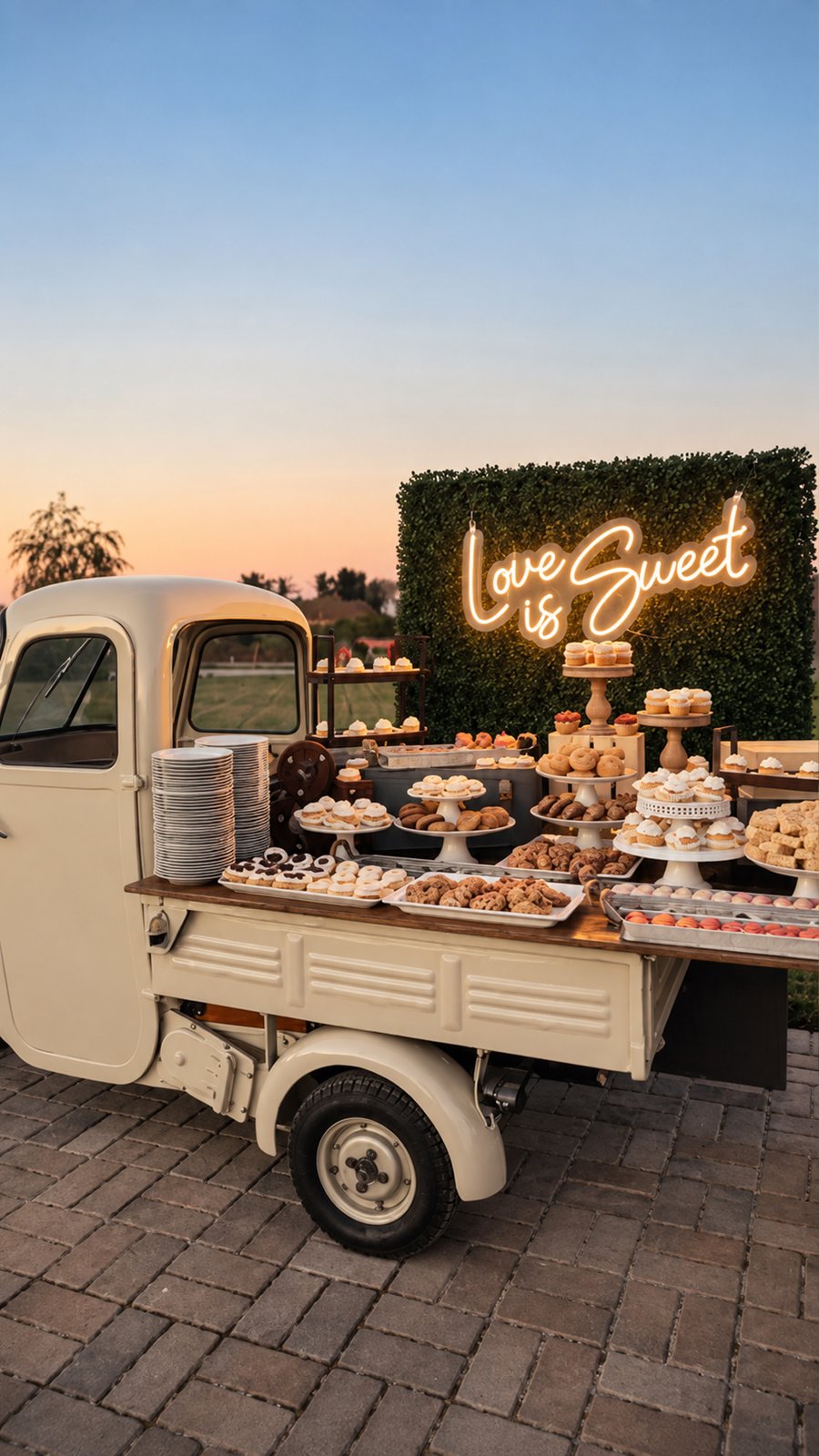 Carrito de postres vintage con letrero de neón Love is Sweet al atardecer