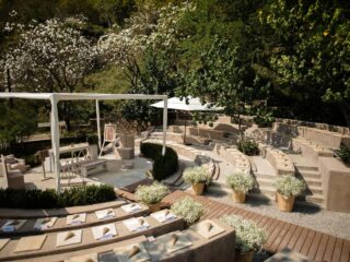 Montaje de ceremonia con gradas de madera en un jardín rodeado de vegetación